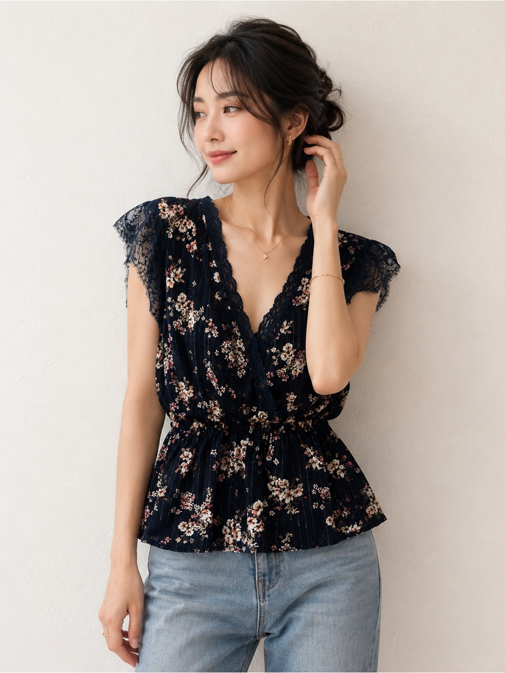 miami Navy Floral Lace-Trim V-Neck Peplum Blouse